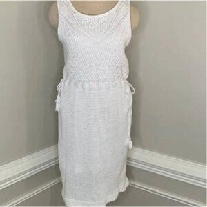 J. Jill White Crochet Scoop Neck Sleeveless Dress Tasseled Cinched Waist Small